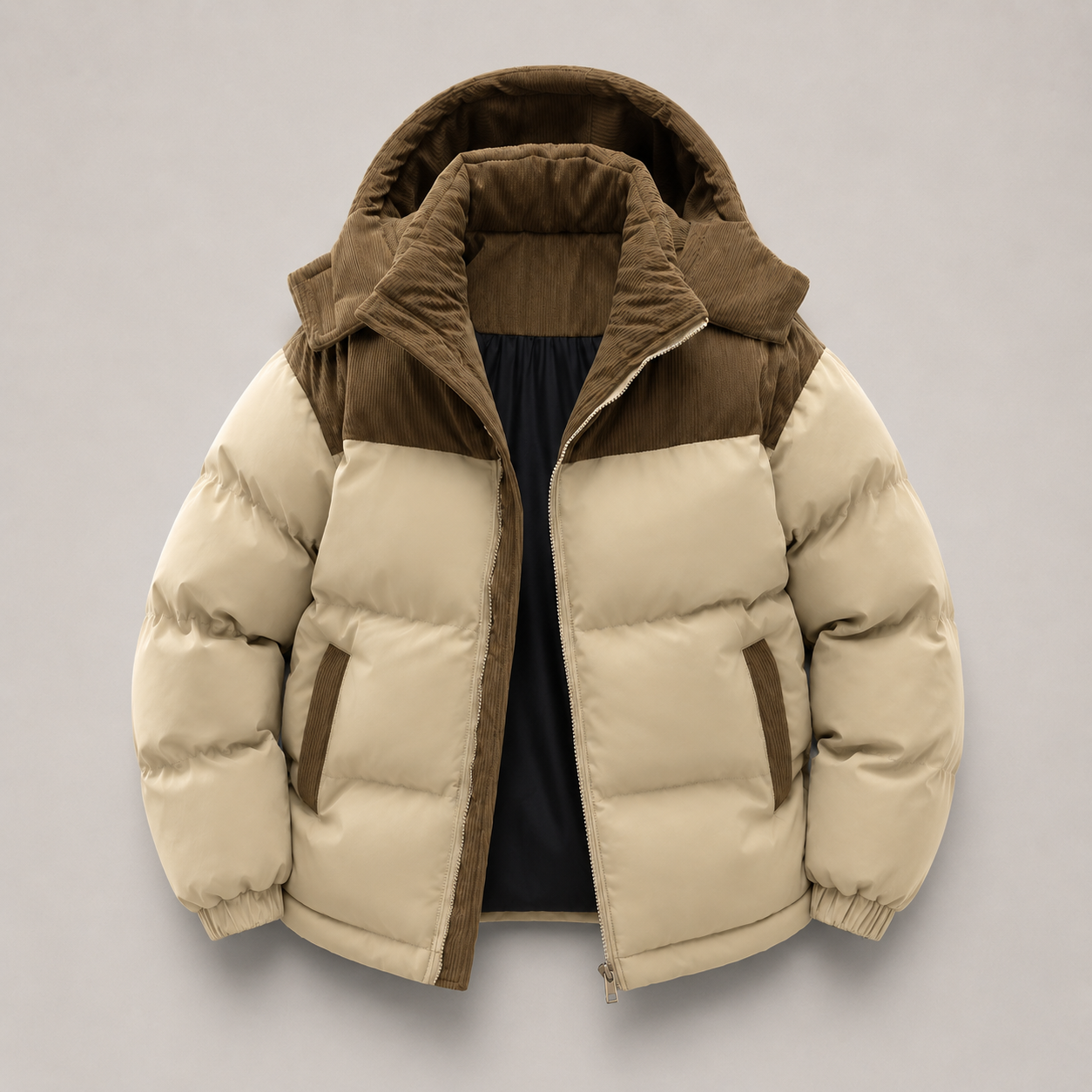 Two-Tone Hooded Corduroy Puffer Jacket