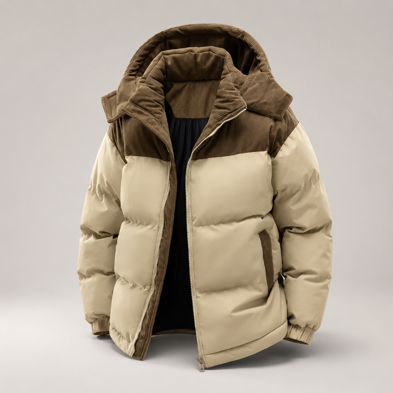 Two-Tone Hooded Corduroy Puffer Jacket