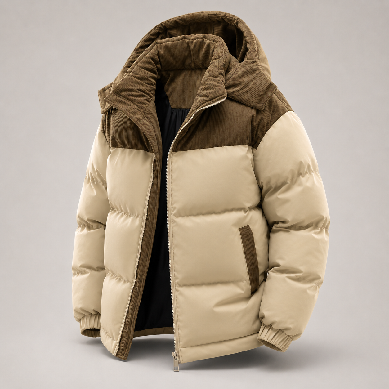 Two-Tone Hooded Corduroy Puffer Jacket