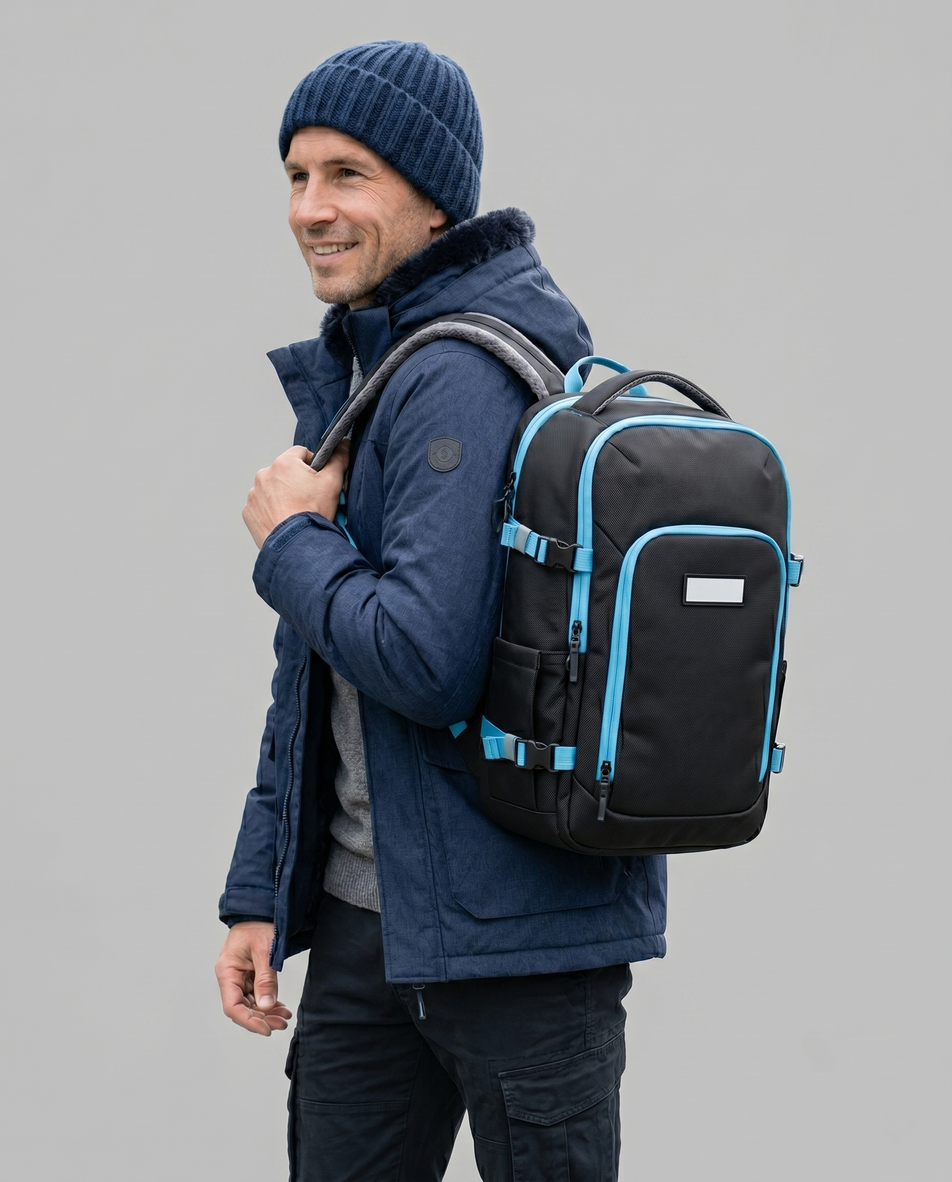 Black Travel Backpack With Blue Accent Trim