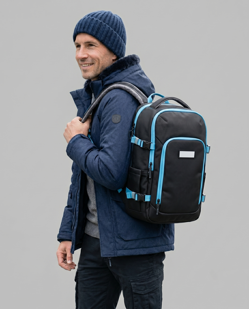 Black Travel Backpack With Blue Accent Trim